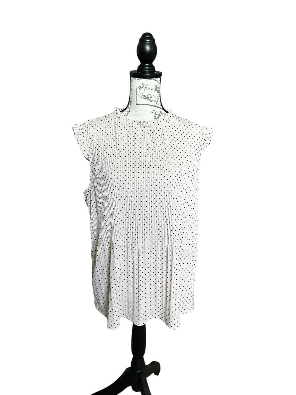 Adrianna Papell Pink Black Polka Dot Ruffle Pleated Blouse XL Sleeveless